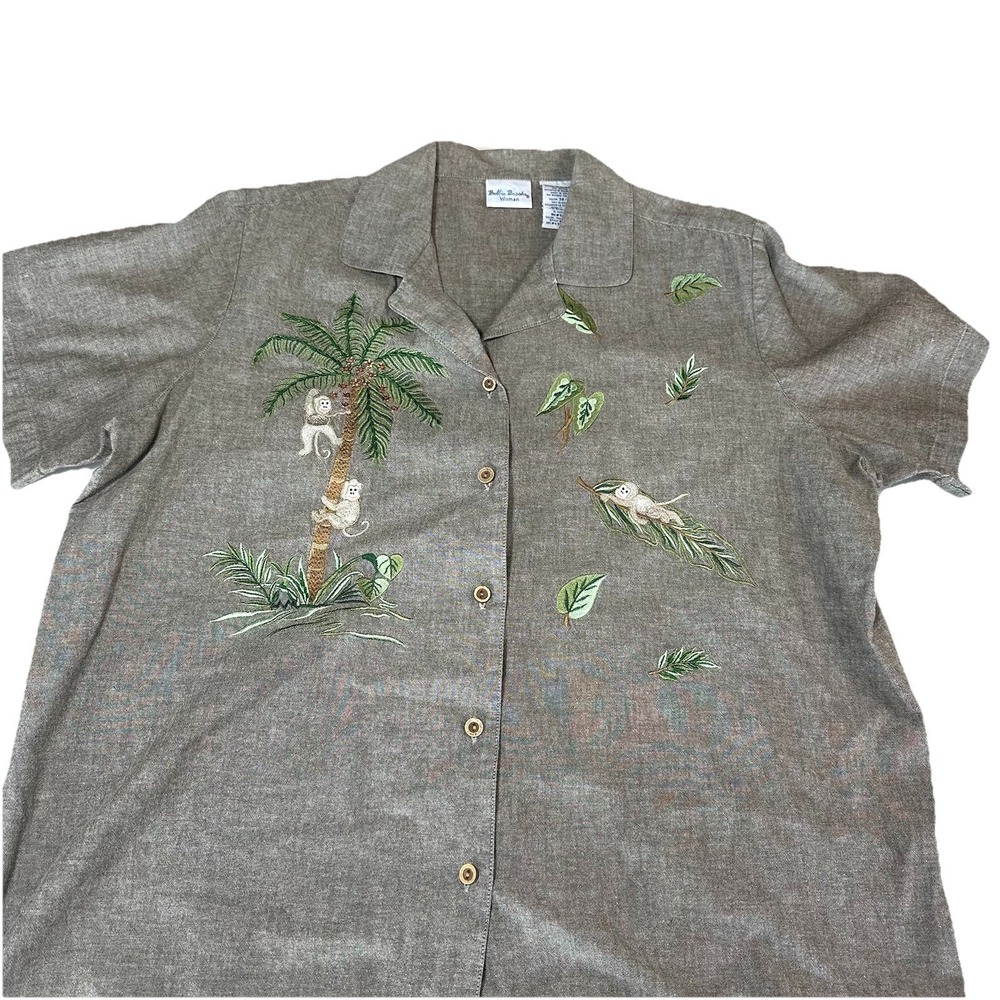 VTG Bobbie Brooks Embroidered Short Sleeve Button Up Monkeys Palm Trees  18w/20w